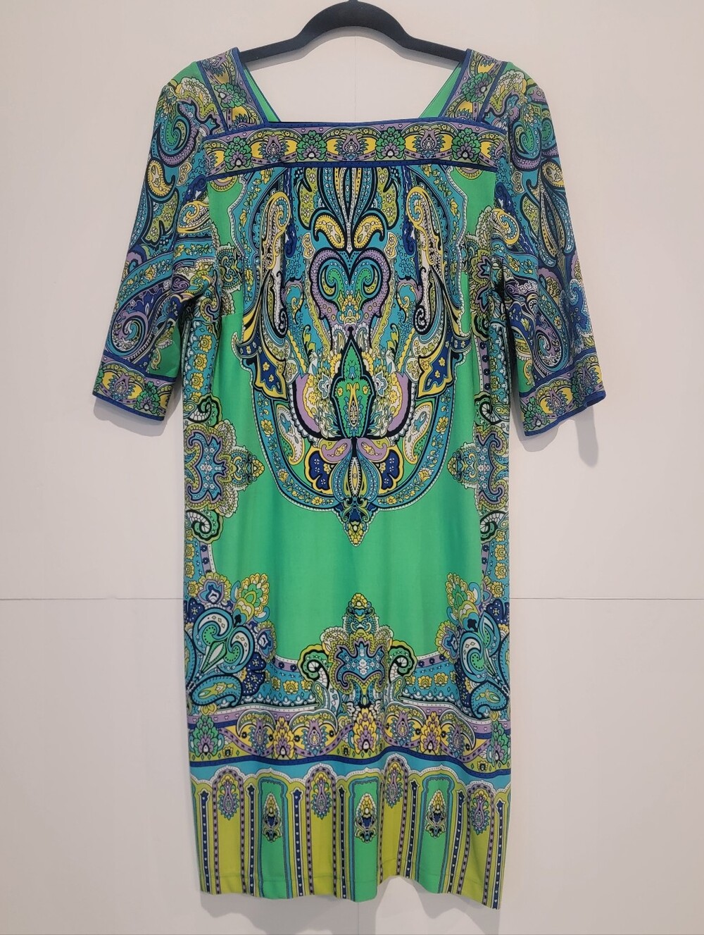 Studio One NY Size 14 Green Paisley Border Print Shift Dress